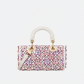 DIOR LADY D-JOY MIKRO TASCHE AUS WEISSEM KALBSLEDER MIT ROSA BLUMENSTICKEREI UND STRASSSTEINEN