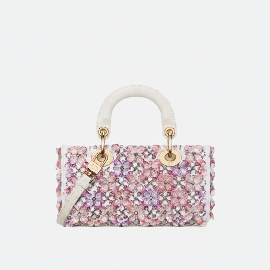 DIOR LADY D-JOY MIKRO TASCHE AUS WEISSEM KALBSLEDER MIT ROSA BLUMENSTICKEREI UND STRASSSTEINEN